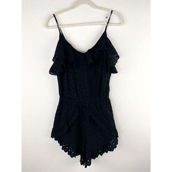 Allison New York Eyelet Spaghetti Strap Ruffle Romper Black - Picture 2 of 14